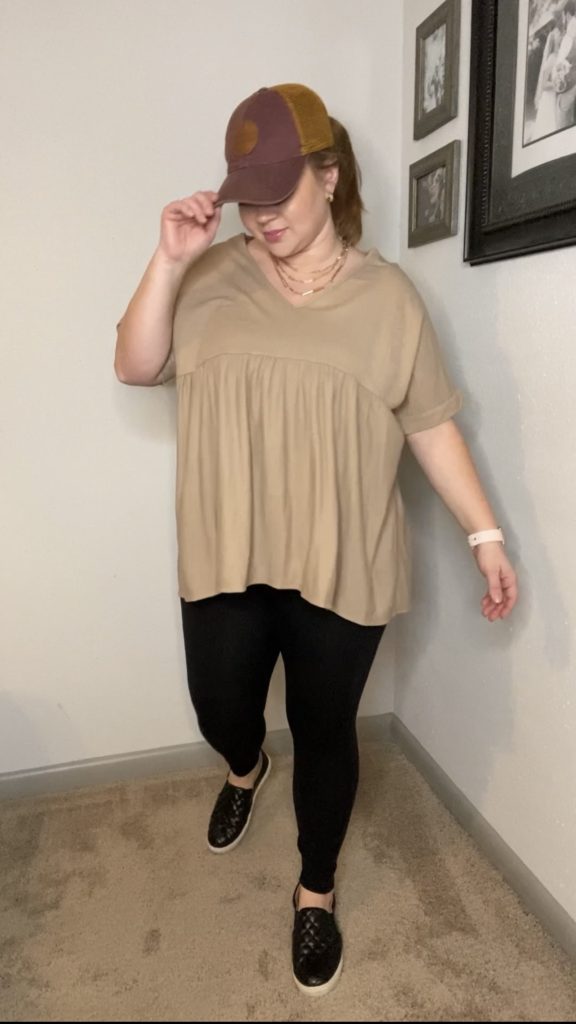 Taupe Peplum Top Legging Casual Outfit